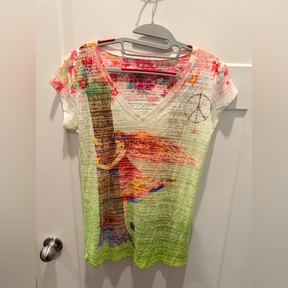 Women's V-Neck Short Sleeve Graphic Tee - Multicolor Floral Peace